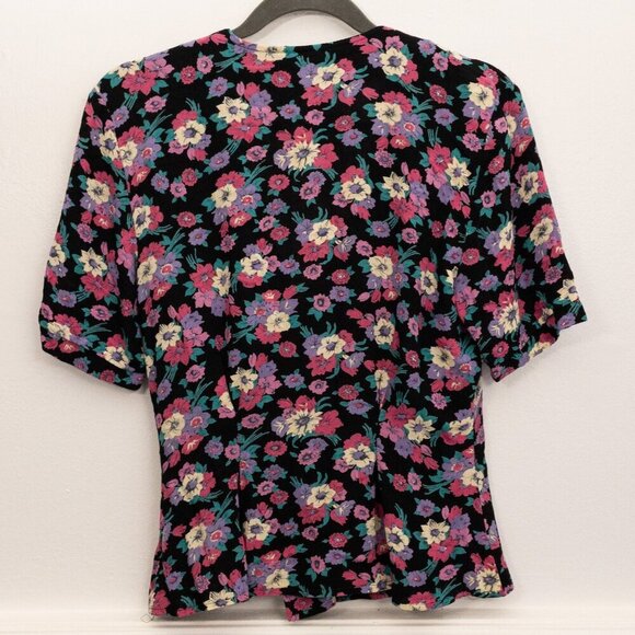 Vintage 80s La Belle Floral Blouse S | Rose Button Black Top Made in USA - Picture 2 of 5